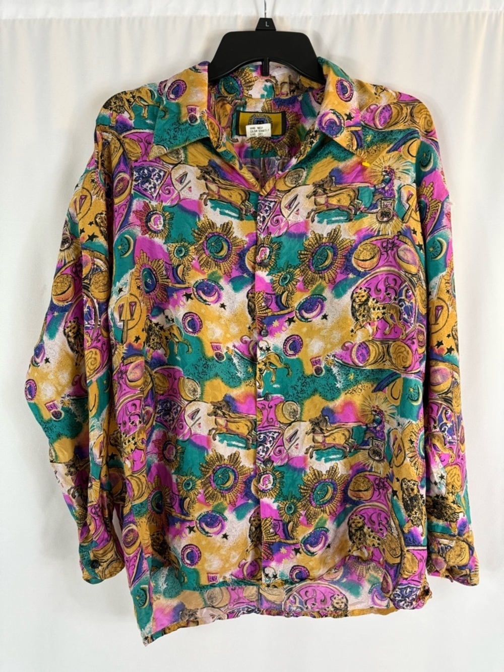 Vintage Baccini Silk Blouse in Teal, Pink & Gold Baroque Print, size: M